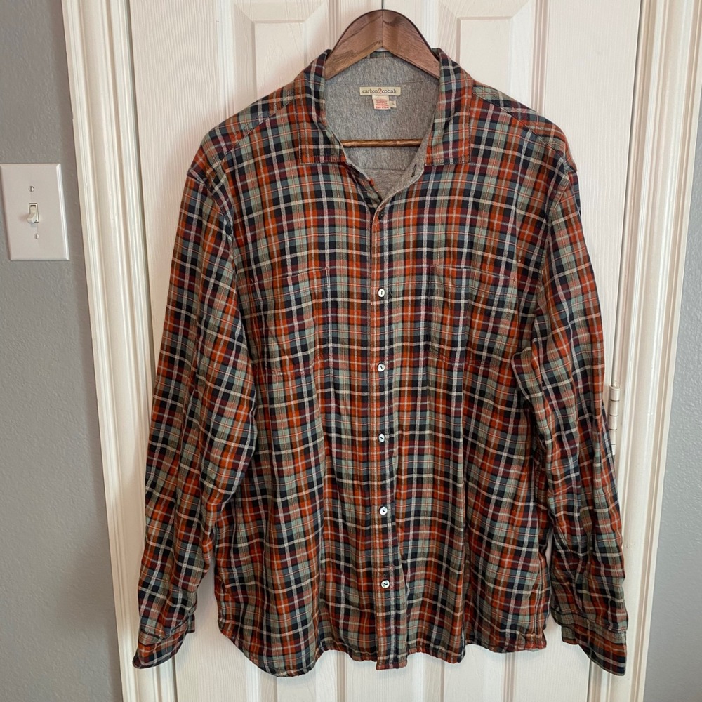 Carbon 2 Cobalt Button Down Shirt Mens Large Plaid Double Cloth Flannel Lined‎